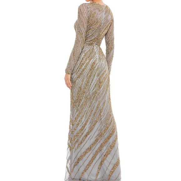 NWT - Mac Duggal Long Sleeve Beaded Column Gown Platinum - Picture 3 of 12